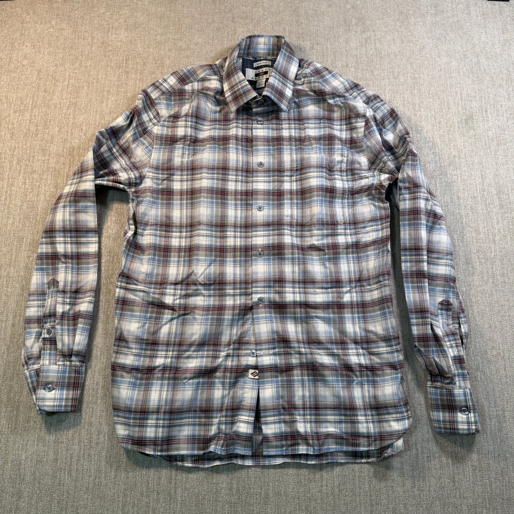 Joseph Abboud Mens Plaid Button Down Shirt Blue Burgundy Non-Iron Cotton Medium